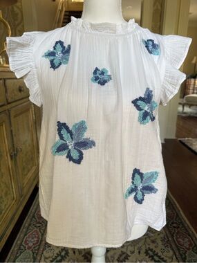 THML White Flutter Sleeve Embroidered Floral Top